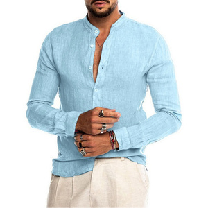 Gran oferta de camisas de manga larga de lino y algodón para hombre, verano, Color sólido, cuello levantado, estilo de playa informal, Talla grande-GRIS, US XXL - Product Image 4