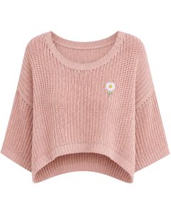 Pull court tricoté rose pour femme, coupe ample, manches courtes, léger et respirant, idéal pour l'été, style décontracté et tendance - Product Image 1