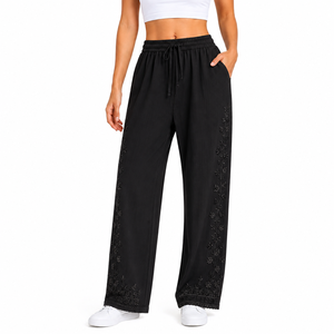 <b>Women's</b> Mid Waist Straight Pants Black Solid Knitted Cotton Casual Autumn Loose Fit Full Length Elastic Waist Breathable - Product Image 6