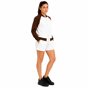 Women's Two Piece Shorts <b>Set</b> White Brown Raglan Sleeve Bomber Jacket Casual Winter Knitted Cotton High Street Reversible O-Neck - Product Image 3