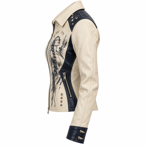 Cream Navy <b>Women</b> Genuine Leather Biker <b>Jacket</b> Custom Braided Angel Print Shirt Collar Studded Shoulder Outerwear Supplier - Product Image 4