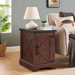 Farmhouse Rectangular <b>End</b> <b>Table</b> with Adjustable Storage Shelf and Rustic Barn Door Nightstand for <b>Sofa</b> <b>Side</b> Use - Product Image 1