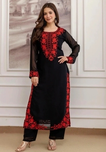 Black Red Embroidered Chiffon Shawl Ethnic <b>Scarf</b> Modern Autumn Wrap Skin-Friendly Breathable for Daily Wear - Product Image 2