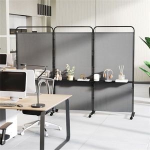 Customizable 3-Panel Folding <b>Divider</b> with Lockable Wheels and 3 Metal Shelves <b>Vintage</b> Design Grey <b>Room</b> Partition - Product Image 5
