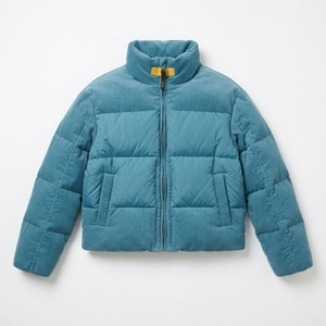 Chaqueta acolchada azul con capucha, manga larga, cremallera, abrigo corto de invierno para mujer, color sólido, relleno de poliéster. - Product Image 1