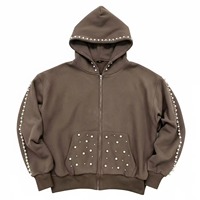 Sweat à capuche oversize zippé avec détails en strass, couleur unie, streetwear décontracté, unisexe, pour l'automne