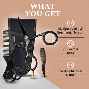 กรรไกรตัดหนวด 4 นิ้ว สีดำ เหล็กญี่ปุ่น 420C ตัดแต่งหนวดเคราอย่างแม่นยำ สำหรับคนถนัดขวา ทนทาน ชุดอุปกรณ์ดูแลหนวดครบชุด - Product Image 4