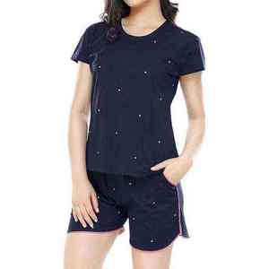 Ensemble décontracté 2 pièces pour femme, haut à manches courtes col rond et short, coloris marine, respirant, en polyester, style sportif, idéal printemps-été - Product Image 3