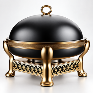 Plat à réchaud rond de luxe en acier inoxydable noir et or avec couvercle en dôme et support décoratif - Product Image 3