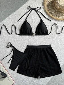 Women's <b>White</b> 2 Piece <b>Bikini</b> <b>Set</b> Halter Top Lace Up Shorts Swimwear Stretch Solid Color Knitted Beachwear - Product Image 2