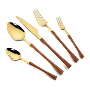 Ensemble de couverts en acier inoxydable doré de qualité supérieure avec manche en bois, vaisselle moderne pour la maison et les mariages - Product Image 1