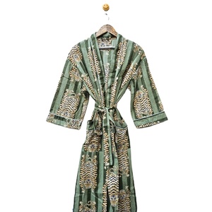 Kimono de algodón con estampado de bloques de tigre verde para mujer, ropa de verano con bolsillos de parche térmico transpirables duraderos, rayas verticales - Product Image 5