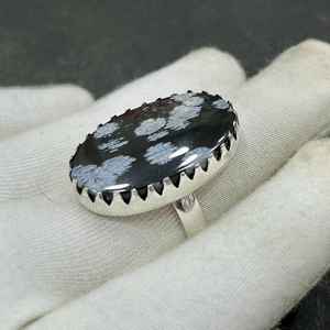 Snowflake Obsidian Oval Cut <b>Silver</b> <b>Ring</b> Bohemian Handmade <b>Statement</b> Gemstone Jewelry IGI Certified All Size Gift for Her - Product Image 2