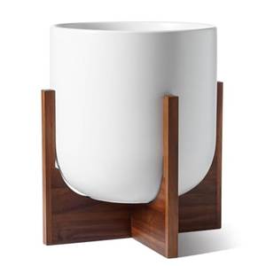 Minimalist White Metal Flower <b>Pot</b> with Wooden Stand for Indoor Desktop Use - Product Image 1