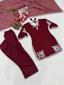Women's Maroon Cotton Salwar Kameez Set With White Embroidery Traditional Indian Casual Wear Loose Fit <b>Ankle</b>-Length - Product Image 3