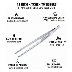 Pince de cuisine en acier inoxydable de 12 pouces, pinces alimentaires pour la cuisson, pince longue pour pâtes, pointes dentelées, sûres pour la vaisselle et l'électrique, compatibles lave-vaisselle et four - Product Image 6