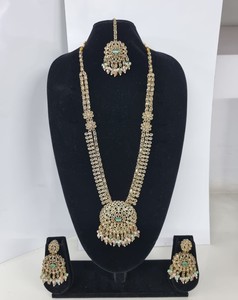 Luxurious Ethnic Sun Mandala Pendant Rani Haar Antique Gold Plated Zircon Long Necklaces <b>Beads</b> 3-Piece Floral Bridal <b>Sets</b> - Product Image 6