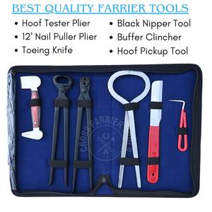 Kit d'outils de fermeur équin avec testeur de douleur au sabot, couteau à sabots, coupe-ongles noir, extracteur de clous, polisseur double face et outil de ramassage - Product Image 2