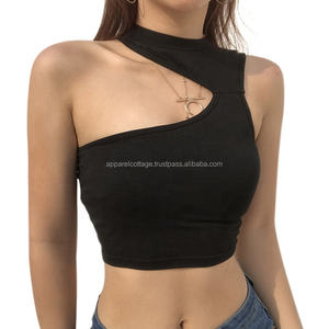 Camiseta elástica de alta calidad para mujer, Top ajustado sin mangas de un hombro, negra, de licra, de algodón, tops cortos - Product Image 3