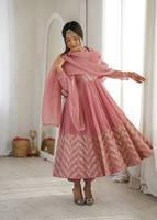 Ensemble Anarkali rose brodé, robe indienne Sharara, col en V, longueur ras du sol, coupe ample, protection solaire, dupatta en tissu filet, pour mariage