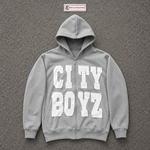 เสื้อฮู้ดซิปสีเทาสำหรับผู้ชาย ทรงโอเวอร์ไซส์ สไตล์สตรีทแวร์ แต่งลายตัวอักษรแบบดิสเทรส ซิปยาวเต็มตัว เสื้อฮู้ดมีซิป สไตล์วินเทจ แฟชั่นแนวอเมริกัน - Product Image 5