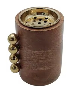 Handcrafted Cylindrical Wooden Arab Bakhoor Incense <b>Burner</b> Polished Metallic Spherical Beaded <b>Side</b> Handle Holder Bakhoor <b>Burner</b> - Product Image 1