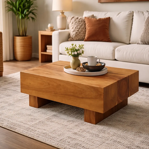 Luxury Japandi Style Solid Suar <b>Wood</b> <b>Block</b> Coffee Table Natural Grain Accent Low Center Table for Modern Living Room - Product Image 4