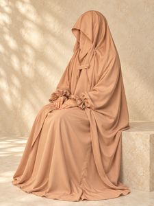 Mishkat Couture Camel Beige <b>Chiffon</b> <b>Maxi</b> Length Neck Long <b>Sleeve</b> Abaya Full Face Veil Ruffle Cuffs for Women Hajj Custom Colors - Product Image 4