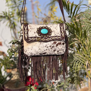 <b>Real</b> Cowhide <b>Leather</b> Fringe <b>Handbag</b> Turquoise Stone Stylish Bohemian Tassel Sling Bag Multi-Use Zipper Hot Sale Fringe Bag - Product Image 1