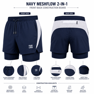 Pantalones Cortos Deportivos 2 en 1 Navy Solid Eco-Friendly MeshFlow, Secado Rápido, Impermeables, Transpirables, Forro Interior Elástico, para Entrenamiento en el Gimnasio para Hombre - Product Image 4