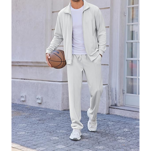 Men's <b>White</b> Knitted <b>Tracksuit</b> Set Solid Color Casual Wear Breathable Polyester Fabric Stand Collar Spring Style - Product Image 3