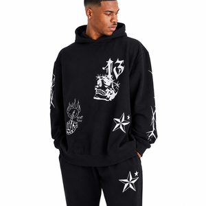 Conjunto Deportivo con Capucha para Hombre, Color Negro, con Estampado de Calavera y Estrellas, Pantalones Largos, Ropa Casual de Calle, Invierno, Ecológico, 100% Algodón - Product Image 3