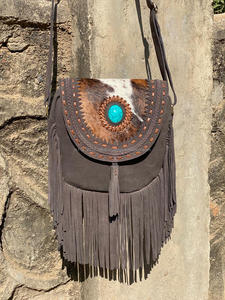 Nuevo estilo occidental Hair On Hide Fur Suede Leather Fringe Bag Bolso de hombro de cuero bohemio de alta calidad para mujer con piedra turquesa - Product Image 3