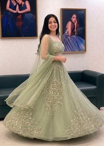 Green Embroidered Lehenga Set <b>Net</b> Unstitched Indian Wedding Outfit Two Piece Dress With <b>Dupatta</b> - Product Image 2
