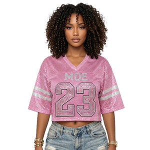 Y2K American Football Jersey Pink Rhinestone <b>Crop</b> <b>Top</b> Women <b>Sequins</b> Personalized Custom Mesh Glitter Varsity Sports Teamwear - Product Image 1