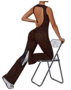Custom <b>Women</b> Leopard Print Sleeveless Jumpsuit Zipper Scoop Neck Bodycon Flare Pants <b>Romper</b> Casual Summer Slim Fit - Product Image 3