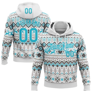 Pull-over à capuche sportif OMMIZ INDUSTRY personnalisé, blanc et bleu, motif 3D, style pull de Noël moche, vente en gros - Product Image 1