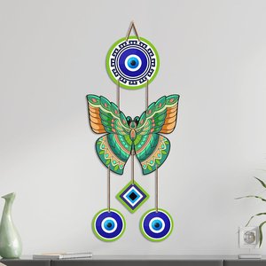 Colgante de Pared de MDF con Mariposa Verde y Ojo Turco - Amuleto de la Suerte Vastu Art Deco para la Entrada del Hogar - Product Image 4