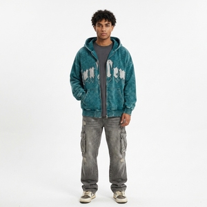 Sudadera con capucha casual de estilo urbano, lavado ácido, estilo oscuro, con estampado de letras, oversize y bordado de chenilla - Product Image 2