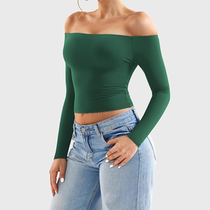 Women Off The Shoulder <b>Long</b> <b>Sleeve</b> <b>Crop</b> Top Solid Color Seamless Full <b>Sleeve</b> Green Yoga Top - Product Image 2