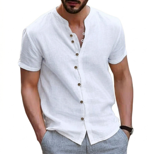 Hawaii New Fashionable Men's Retro Button <b>Shirts</b> Linen/Cotton Breathable V-neck Casual Short Sleeve for Summer - Product Image 3