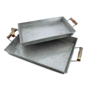 Plateau rectangulaire en métal galvanisé style rustique avec poignées en bois, vintage, pour la décoration de la maison - Product Image 4
