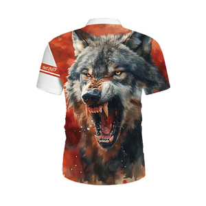 Camiseta Polo con Gráfico de Lobo Rugiente en 3D para Hombre |   Camiseta con Cierre de Cremallera de un Cuarto, Sublimada con Diseño de Animal Enfurecido |   Top artístico de estilo urbano en rojo y gris - Product Image 2