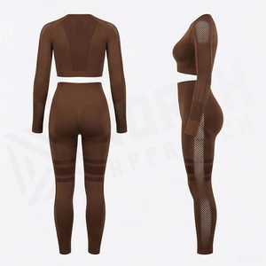 Ensemble de vêtements de sport pour femmes, haut court sans couture à manches longues et leggings taille haute - Product Image 2