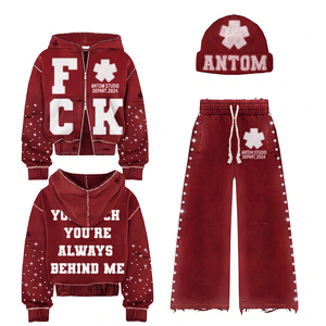 Conjunto de ropa Y2K con pedrería y efecto desgastado: Sudadera con capucha y cremallera con gráfico personalizado, pantalones de chándal de pierna ancha y gorro. Estilo Punk Gótico Streetwear. - Product Image 2