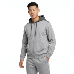 Chándal unisex gris con capucha, sudadera con cremallera completa y bolsillos laterales, y pantalones a juego, ropa informal de otoño, 100% algodón - Product Image 2