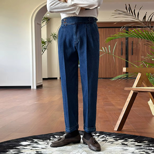 Pantalon de costume plissé LARSUR sur mesure, style italien Naples, en denim, coupe décontractée, sans plis, pour affaires - Product Image 2