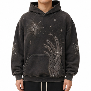 Sweat à capuche oversize noir délavé à l'acide avec strass, unisexe, streetwear, en coton, imprimé graphique vieilli, personnalisé, haut d'hiver - Product Image 3