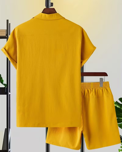 Men's Solid Color Short Sleeve Shirt Shorts Set Breathable Woven Casual Summer Wear Yellow Drawstring Pants Outfit - Product Image 2