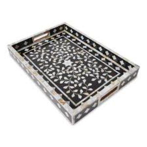 Bandeja de servir cuadrada artesanal con incrustaciones de nácar, bandeja otomana decorativa de madera de lujo con patrón de rombos, precio de oferta. - Product Image 3